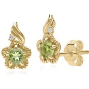 Floral Spherical Peridot & Diamond Stud Earrings in 9ct Yellow Gold
