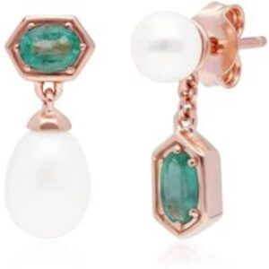 Trendy Pearl & Emerald Mismatched Drop Earrings in Rose Gold Plated Silver