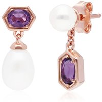 Fashionable Pearl & Amethyst Mismatched Drop Earrings in Rose Gold Plated Silver - Image 2