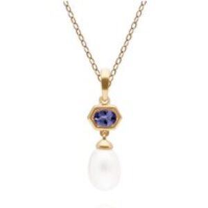 Fashionable Pearl & Tanzanite Hexagon Drop Pendant in Gold Plated Silver