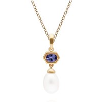 Fashionable Pearl & Tanzanite Hexagon Drop Pendant in Gold Plated Silver - Image 2