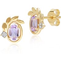 O leaf Purple Amethyst & Diamond Stud Earrings In 9ct Yellow Gold - Image 2