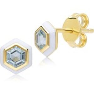 Geometric Hex Blue Topaz and White Teeth Stud Earrings in Gold Plated Sterling Silver