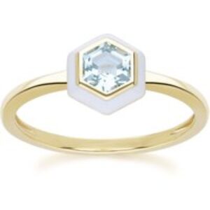 Geometric Hex Blue Topaz and White Tooth Ring in Gold Plated Sterling Silver