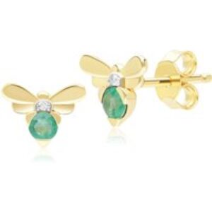 Honeycomb Impressed Emerald and Diamond Bee Stud Earrings in 9ct Yellow Gold