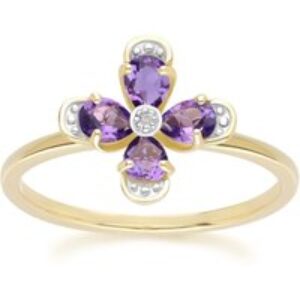 Floral Amethyst & Diamond Ring in 9ct Yellow Gold