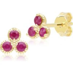 Floral Ruby 3 Stone Stud Earrings in 9ct Yellow Gold