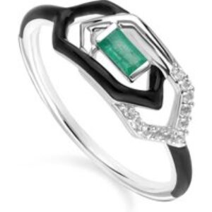 Grand Deco Teeth, White Topaz & Emerald Hyperlink Ring in 9ct White Gold