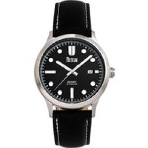 Reign Mens Henry Automated Canvas-Overlaid Leather-based-Band Watch w/Date – Black Stainless Metal – One Measurement