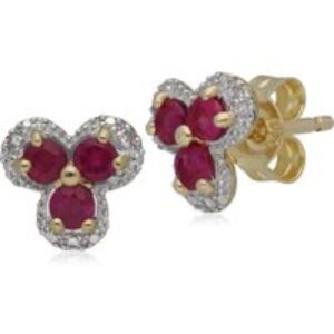 Vintage Floral Ruby & Diamond Stud Earrings in 9ct Yellow Gold