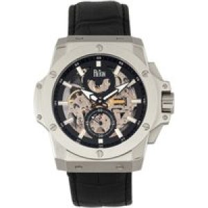 Reign Mens Commodus Computerized Skeleton Leather-based-Band Watch – Black & Silver Stainless Metal – One Dimension