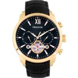 Heritor Automatic Mens Arthur Semi-Skeleton Leather-Band Watch w/ Day/Date – Black/Gold Stainless Steel – One Size