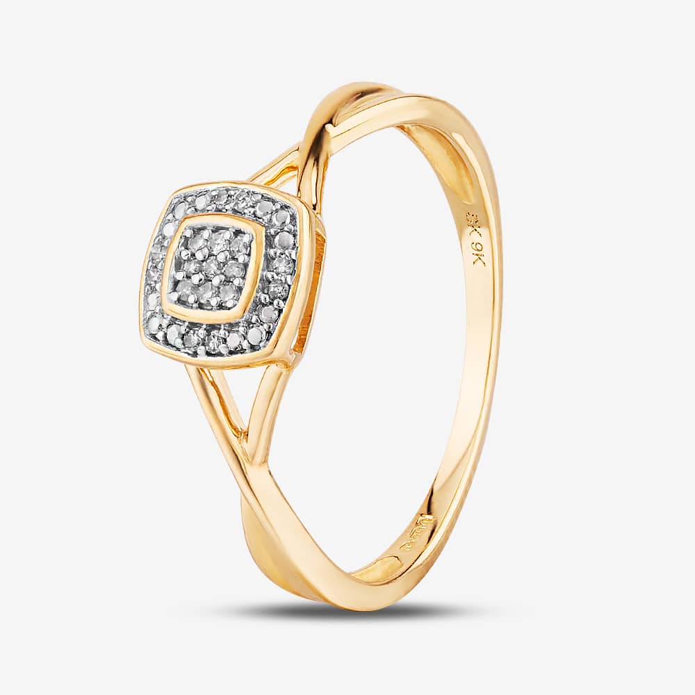 9ct Yellow Gold 0.05ct Diamond Pave Square Cluster Promise Ring THR19766-05 9Ky Q