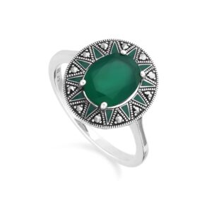 Artwork Deco Impressed Oval Chalcedony & Marcasite Ring