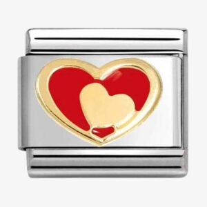 Nomination CLASSIC Stainless Steel 18ct Yellow Gold Red Double Heart Charm 030283/28