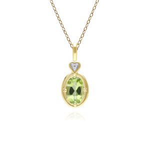 Vintage Oval Peridot & Diamond Middle Pendant Necklace In 9ct Yellow Gold
