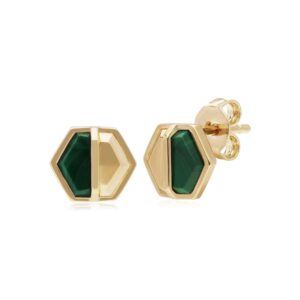 Micro Statement Malachite Hexagon Stud Earrings in Gold Plated Silver