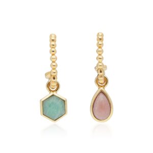 Micro Statement Rhodochrosite & Amazonite Mismatched Hoop Earrings In Yellow Gold Plated Silver