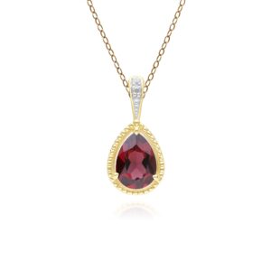 Vintage Pear Garnet & Diamond Pendant Necklace In 9ct Yellow Gold