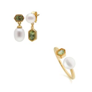 Modern Pearl & Peridot Earring & Ring Set in Gold Plated Silver