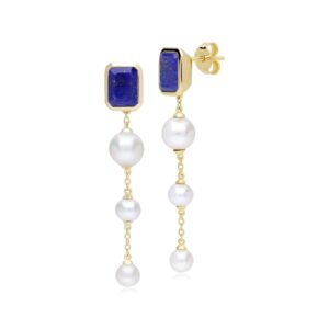 ECFEW™ Unifier Lapis Lazuli & Pearl Grasp Drop Earrings In Yellow Gold Plated Silver