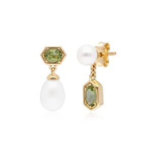 Modern Pearl & Peridot Mismatched Drop Earrings in Gold Plated Silver