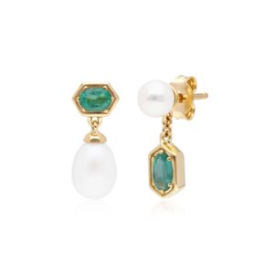 Modern Pearl & Emerald Mismatched Drop Earrings in Gold Plated Silver