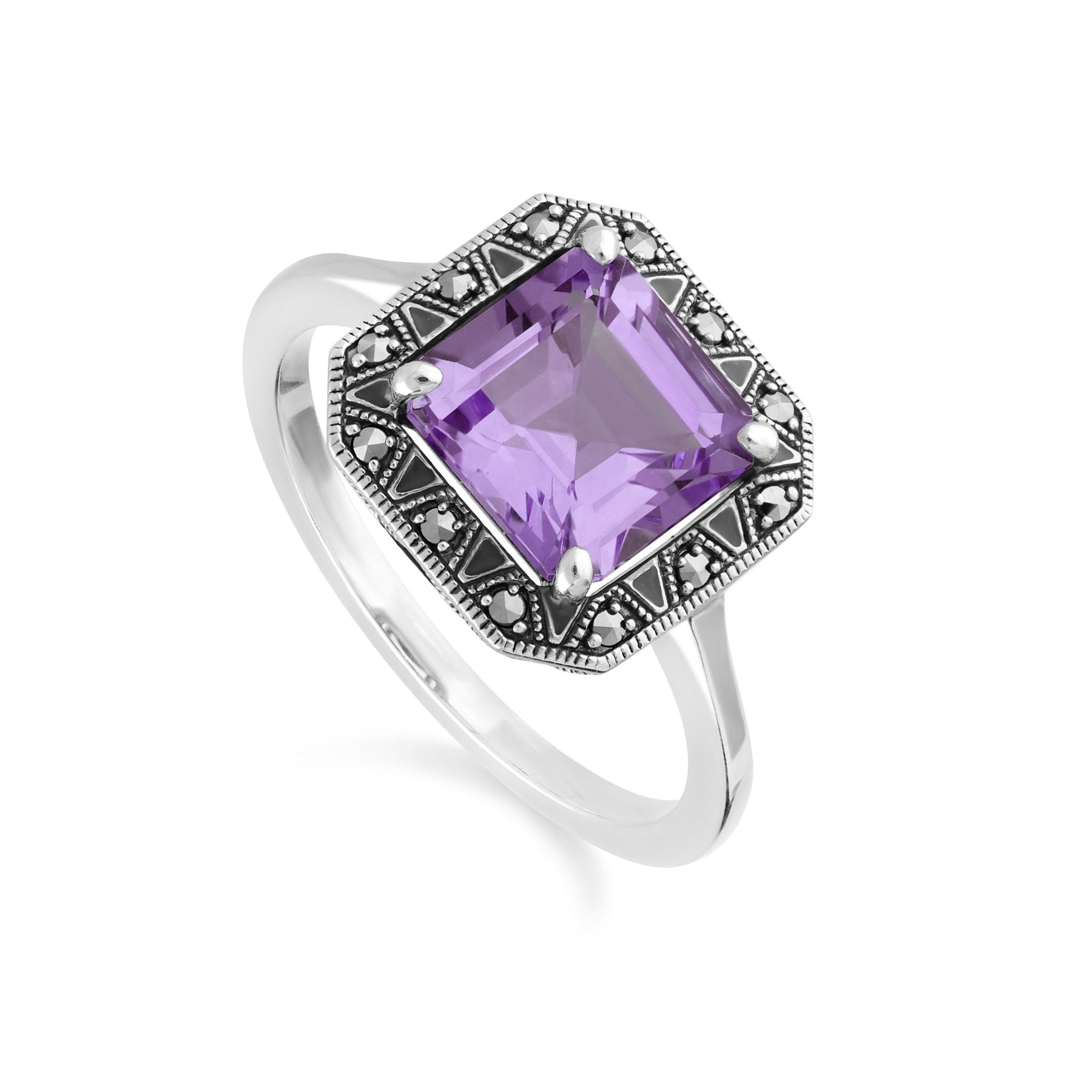 Artwork Deco Impressed Sq. Lower Amethyst & Marcasite Ring