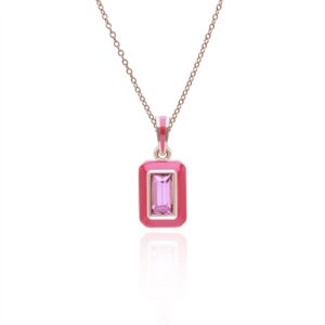 Siberian Waltz Pink Enamel & Baguette Rhodolite Pendant in Rose Gold Plated Sterling Silver
