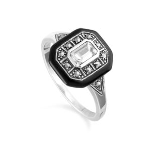 Artwork Deco Impressed White Topaz, Tooth & Marcasite Sq. Ring