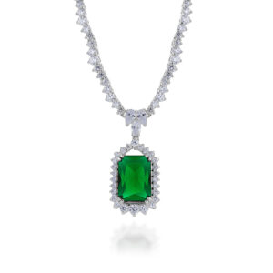 Silver Emerald Lower Inexperienced Crystal and Cubic Zirconia Halo Pendant