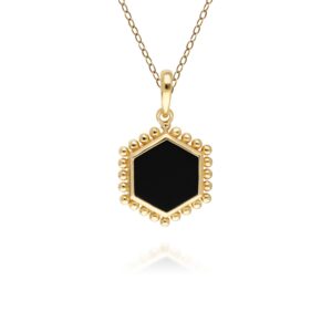 Black Onyx Flat Slice Hex Pendant in Gold Plated Sterling Silver