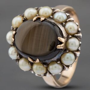 Pre-Owned Vintage Yellow Gold Cultured Pearl & Star Sapphire Oval Cluster Ring 41102171