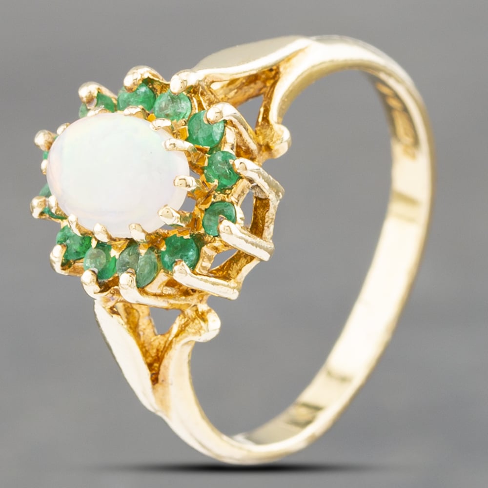 Pre-Owned Vintage 9ct Yellow Gold Opal & Emerald Cluster Ring 41102536