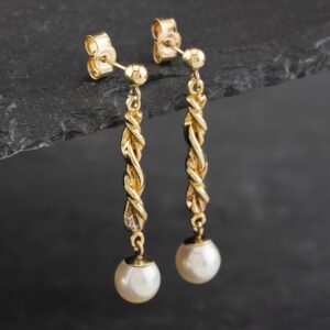 Pre-Owned 9ct Yellow Gold 30mm Cultured Pearl Spiral Dropper Earrings 41172399