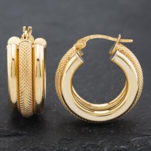 Pre-Owned 9ct Yellow Gold 21.6mm Triple Mesh And Simple Hoop Earrings 41172493