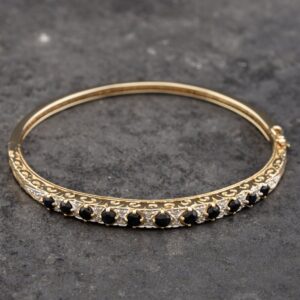 Pre-Owned 9ct Yellow Gold Sapphire & Diamond Medium Hinged Bangle 41211234