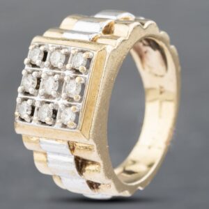 Pre-Owned 9ct Two Colour Gold Brilliant Cut Diamond 9 Stone Square Signet Ring 41341623