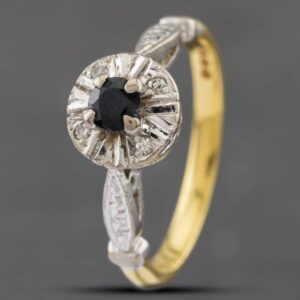 Pre-Owned Vintage 18ct Two Colour Gold Sapphire & Single Cut Diamond Cluster Ring 41382128