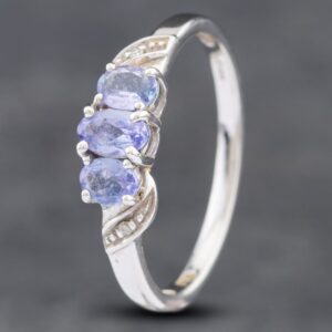 Pre-Owned 9ct White Gold Tanzanite & Diamond Three Stone Ring 41382311
