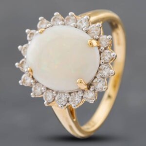 Pre-Owned 14ct Yellow Gold Oval Opal & Brilliant Cut Diamond Cluster Ring 41481590