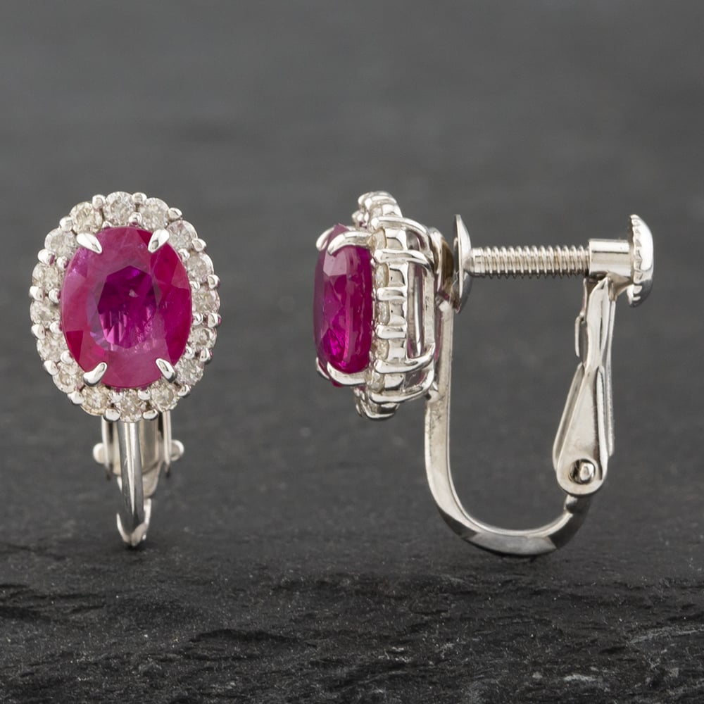 Pre-Owned 18ct White Gold Ruby & 0.36ct Brilliant Cut Diamond Oval Cluster Screw Fitting 9mm Stud Earrings 43171186