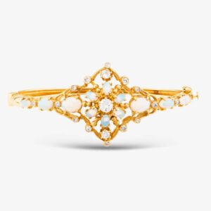 Pre-Owned 9ct Yellow Gold Opal & Brilliant Cut Diamond Ornate Cluster 20cm Hinged Bangle 43211003