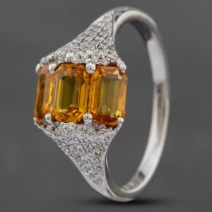 Pre-Owned 18ct White Gold 2.02ct Emerald Cut Golden Sapphire & 0.25ct Brilliant Cut Diamond Dress Ring 433615789