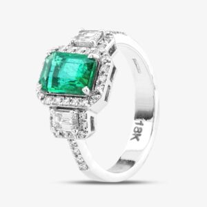 Pre-Owned 18ct White Gold Oblong Cut Emerald & Diamond Cluster Ring 43371039