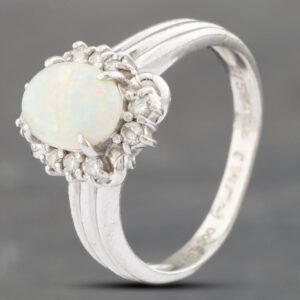 Pre-Owned Platinum Certificated 0.79ct Opal & 0.15ct Brilliant Cut Diamond Oval Cluster Ring 43381009