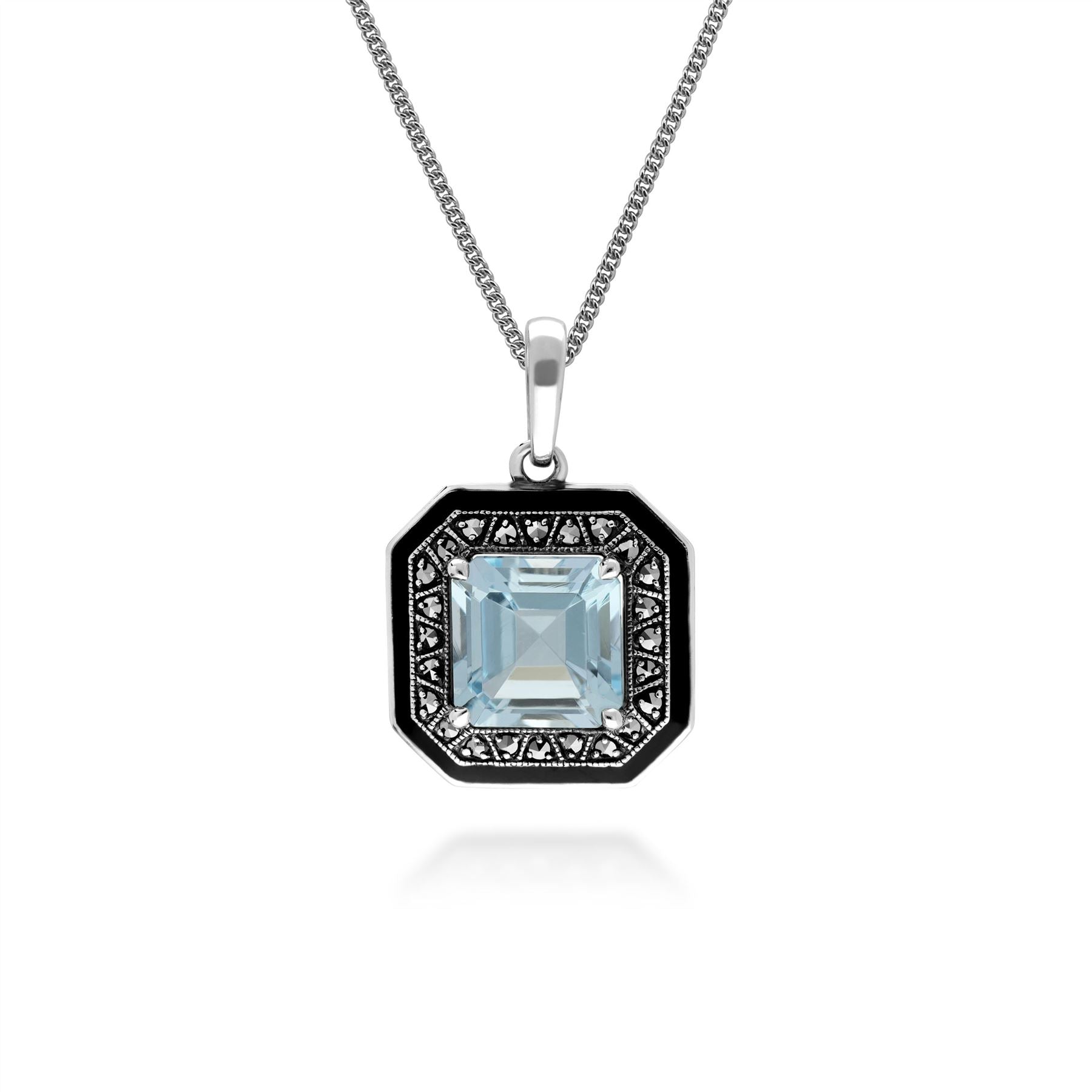 Artwork Deco Impressed Sq. Minimize Blue Topaz & Marcasite Pendant
