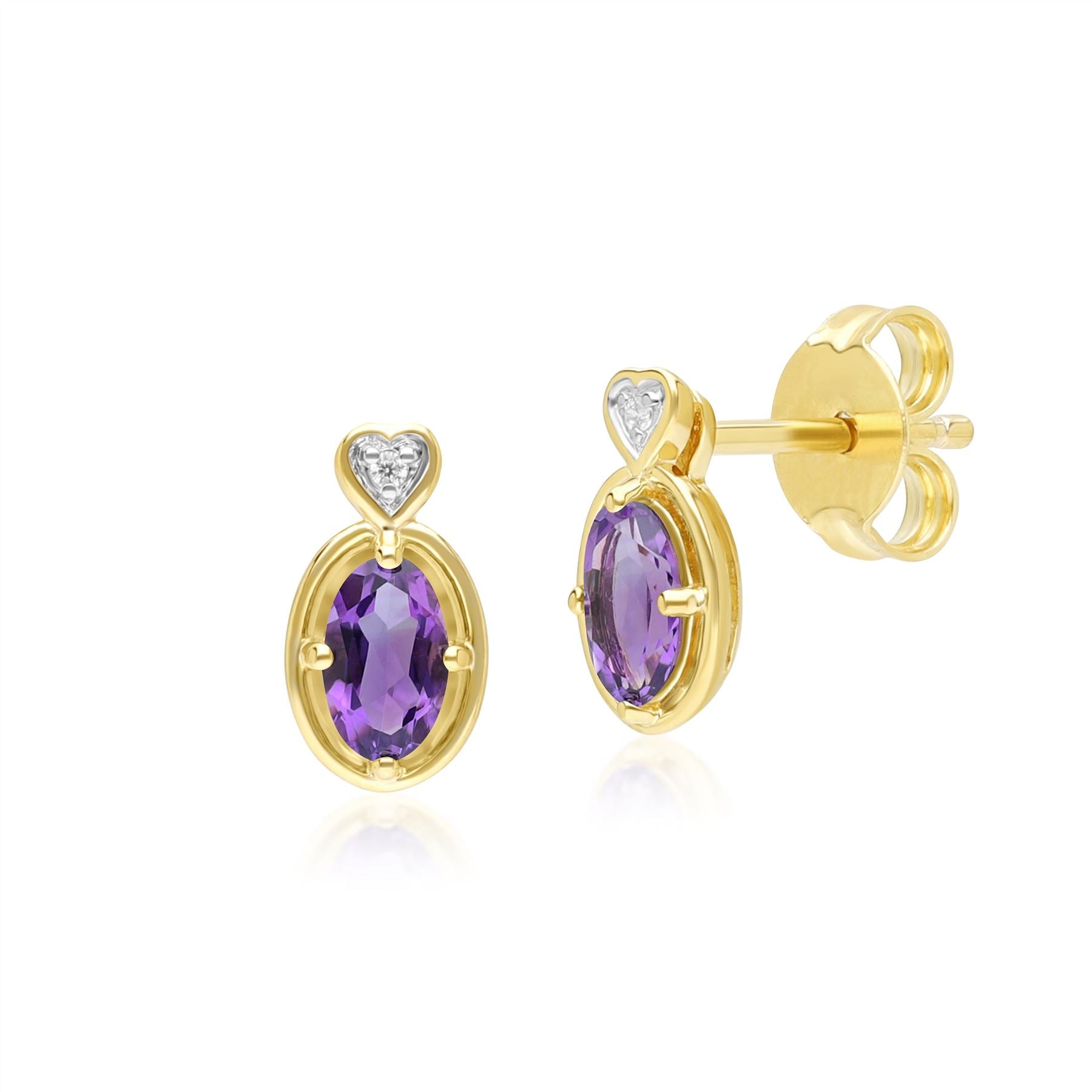 Vintage Oval Amethyst & Diamond Middle Stud Earrings In 9ct Yellow Gold