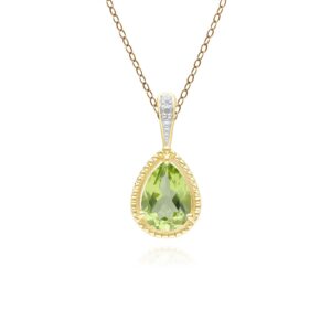 Vintage Pear Peridot & Diamond Pendant Necklace In 9ct Yellow Gold