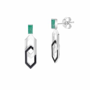 Grand Deco Enamel & Emerald Link Drop Earrings in 9ct White Gold